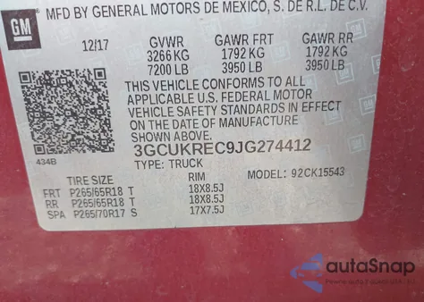 2018 Chevrolet Silverado K1500 Lt из США, поврежденный, VIN 3GCUKREC9JG274412